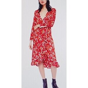 Free People Covert Garden Red Floral Print Midi Wrap Dress Sz 2